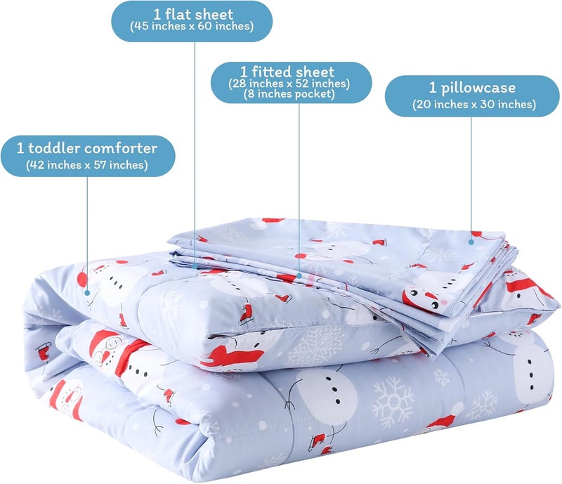JSD Blue Snowman Toddler Bedding Set, 4 Piece Christmas Winter Toddler Microfiber Comforter Sheet Set, Lightweight Breathable - Image 2
